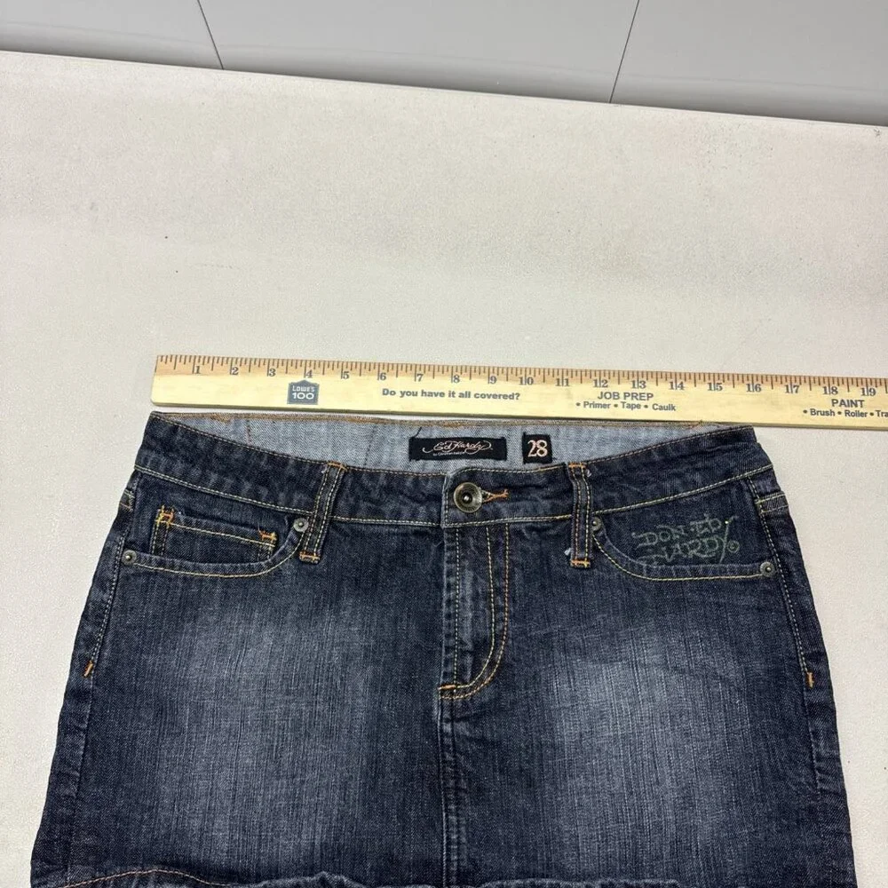 Vintage Ed Hardy Denim Mini Skirt Womens 28 Dark Blue Spell Out Rhinestones‎